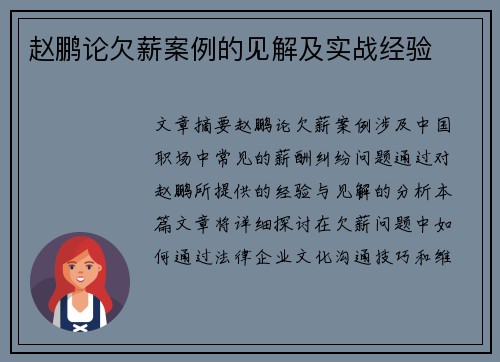 赵鹏论欠薪案例的见解及实战经验